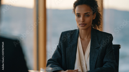 Ethiopian office worker in a blazer sits rigidly at a conference table while a colleague speaks over her repeatedly, workplace gender harassment subtle but unmistakable in body