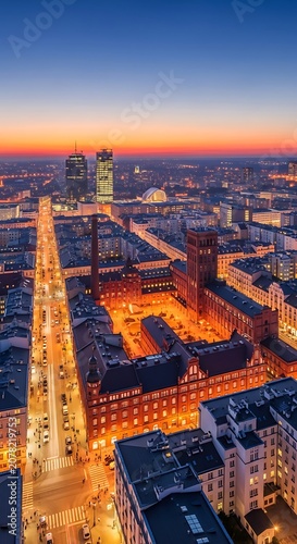Cityscape at Sunset with Illuminated Streets and Tall Buildings.