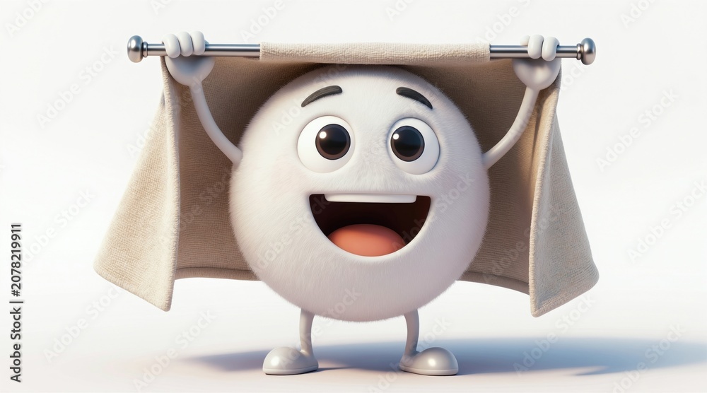 Naklejka premium Cute white sphere character smiles holding towel over head. Cartoon figure wears fabric drape like clothes. Simple design conveys joy happiness, playful mood. Ideal mascot for kids brand cheerful