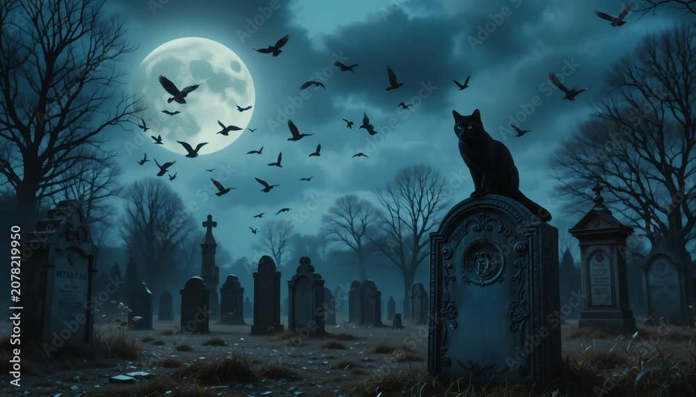 Fototapeta premium Moonlit Graveyard With Black Cat and Birds