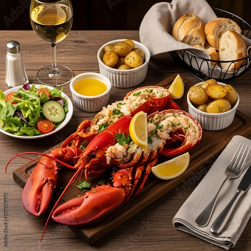 Gourmet Lobster Meal with Fresh Sides and Wine.