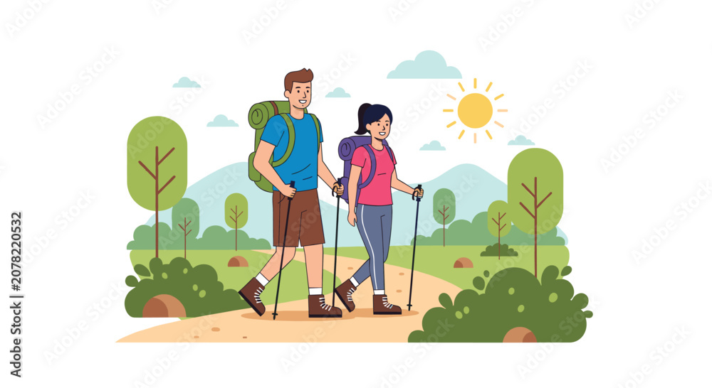 Fototapeta premium Man and woman hiking in forest with backpack and stick. Couple walking along track on sunny day. Travel activity and recreation concept. Flat cartoon vector illustration
