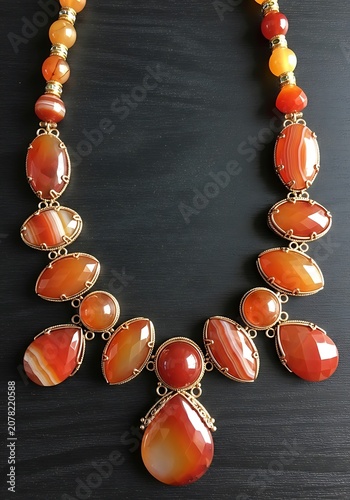 Elegant Beaded Necklace with Large Orange Stones.