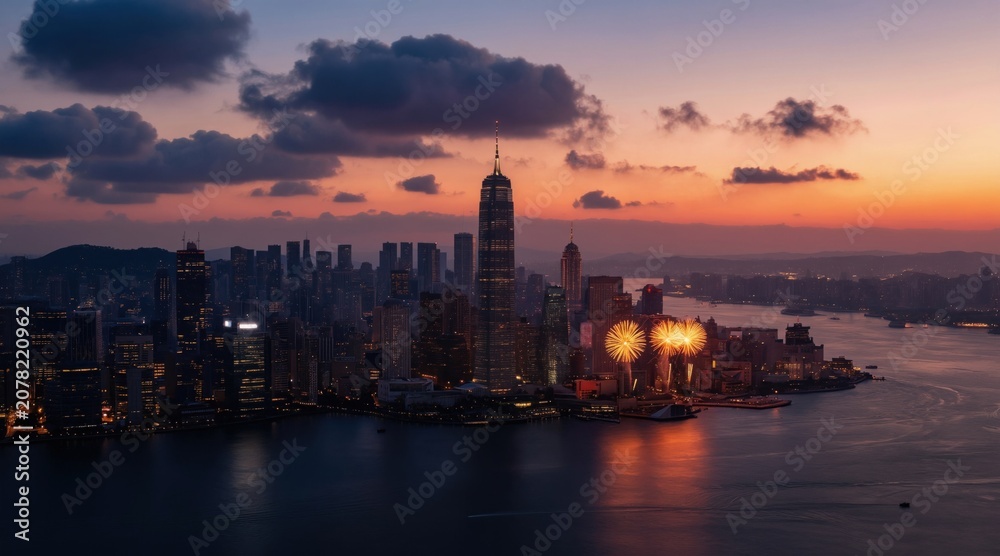 Fototapeta premium City skyline at dusk with fireworks over water. Tall skyscrapers illuminate waterfront during colorful sky display. Boats sail on river near illuminated metropolis.