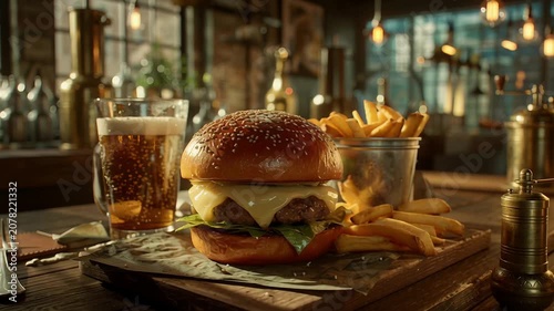 A mouth-watering image of a classic cheeseburger with a perfectly grilled patty, melted cheese, and fresh greens, served on a rustic wooden board with a side of golden french fries in a metal cup.