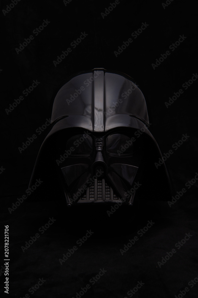 Obraz premium Professional photograph of a Darth Vader helmet on dark velvet, captured in El Salvador, Cinemark on June 26, 2026.