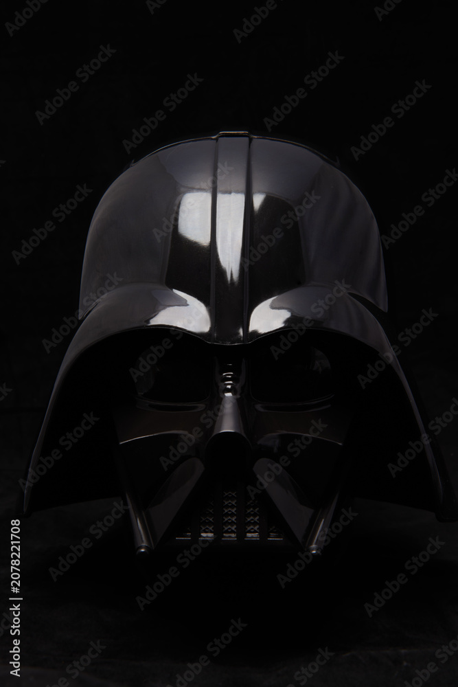 Obraz premium Professional photograph of a Darth Vader helmet on dark velvet, captured in El Salvador, Cinemark on June 26, 2026.
