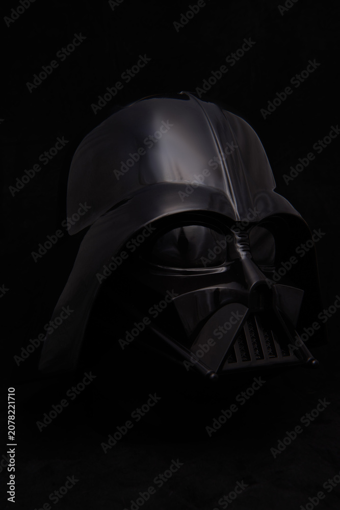 Obraz premium Professional photograph of a Darth Vader helmet on dark velvet, captured in El Salvador, Cinemark on June 26, 2026.