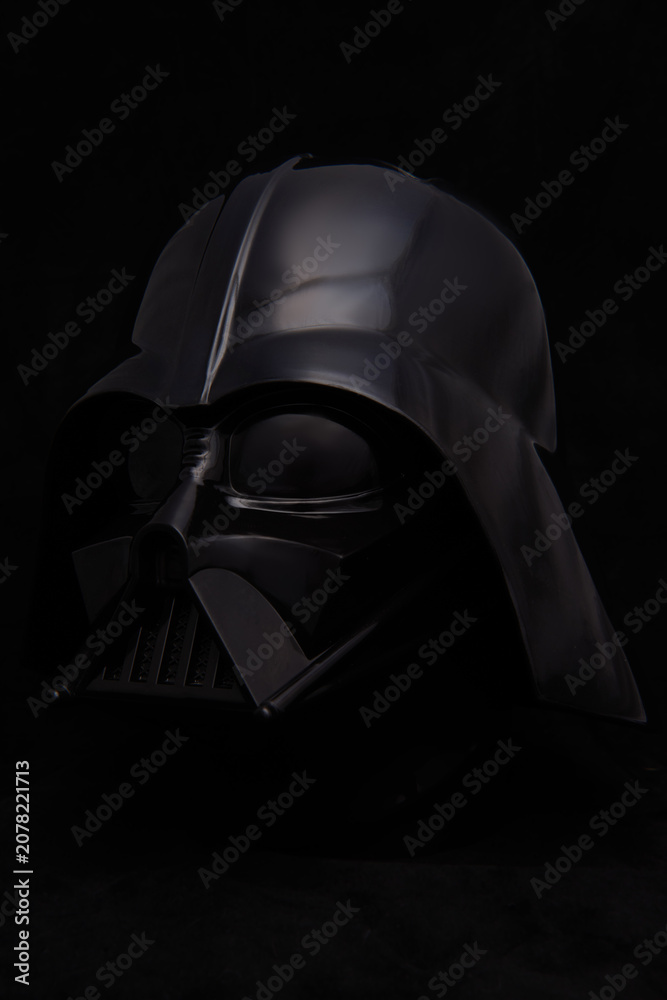 Obraz premium Professional photograph of a Darth Vader helmet on dark velvet, captured in El Salvador, Cinemark on June 26, 2026.