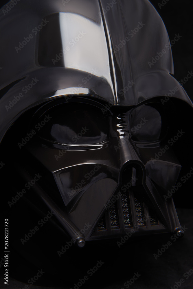 Obraz premium Professional photograph of a Darth Vader helmet on dark velvet, captured in El Salvador, Cinemark on June 26, 2026.