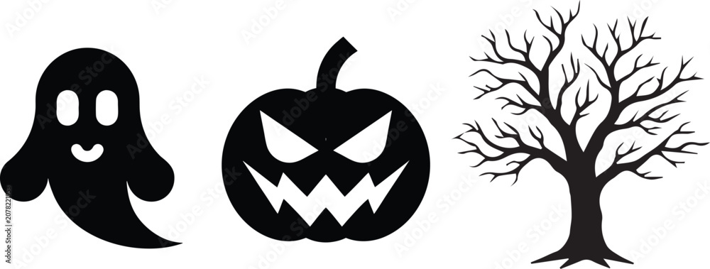 Obraz premium Black Silhouette Halloween Icons Set with Ghost, Spooky Pumpkin, and Bare Tree on White Background