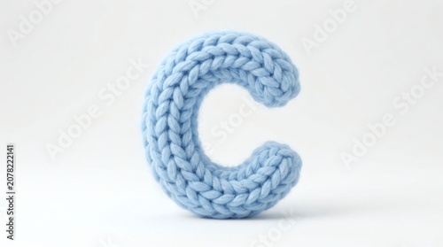 Knitted blue letter C on white background in minimal style