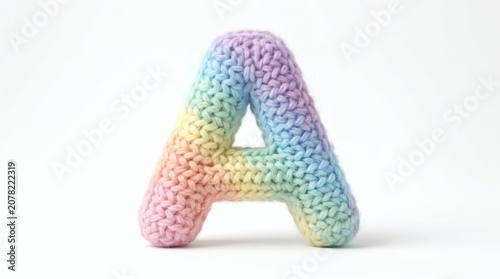 Colorful knitted letter A in pastel rainbow hues on white background