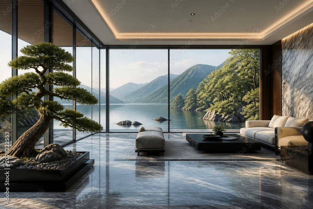 Fototapeta premium Modern living room overlooks serene lake and mountain vistas. Minimalist furniture invites calm, quiet reflection. Polished floors mirror ambient light and natural surroundings
