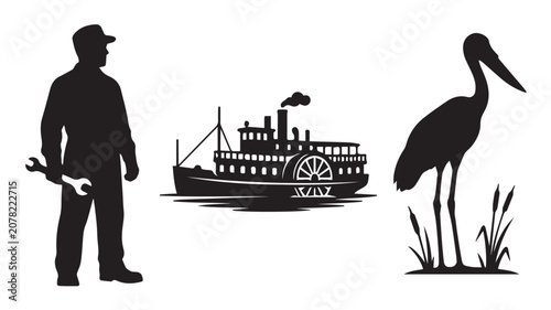 Silhouette set of a worker with wrench, paddle boat and a stork bird Vector