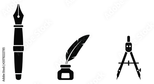 Fotografi Writing implements and drafting tool black silhouettes on a white background