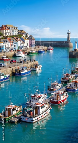 Picturesque Harbor with Colorful Buildings and Boats in Coastal Town.