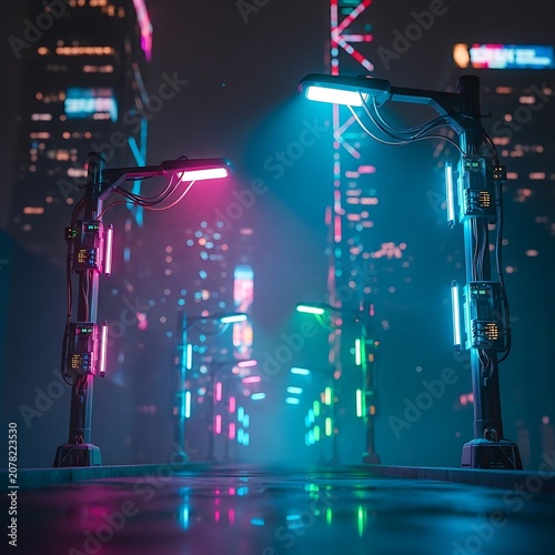 Futuristic Neon Cityscape with Vibrant Lights at Night.