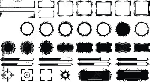 Grunge Frame and Border Icon Set with Rough Edges, Circles, Banners, and Crosshair Elements for Dark Design Projects