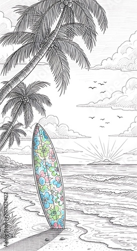Serene Beach Scene with Palm Trees and Surfboard.