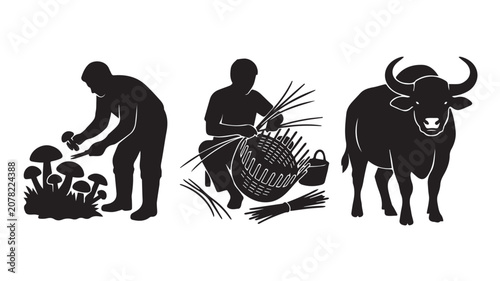 Black silhouettes of farmer picking mushrooms, basket weaver and water buffalo Vector