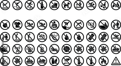 Large Prohibition and Restriction Icon Set with No Entry, No Smoking, and Safety Warning Signs for Public Use Designs