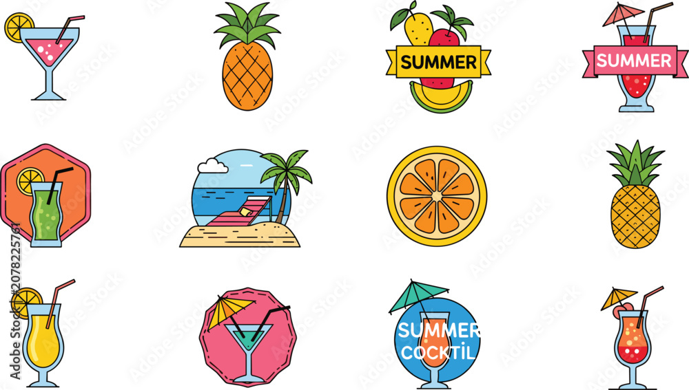 Fototapeta premium Summer Tropical Cocktail Drinks and Fresh Fruit Beach Vacation Icons