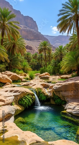 Serene Mountain River Scene with Lush Palm Trees and Clear Water.