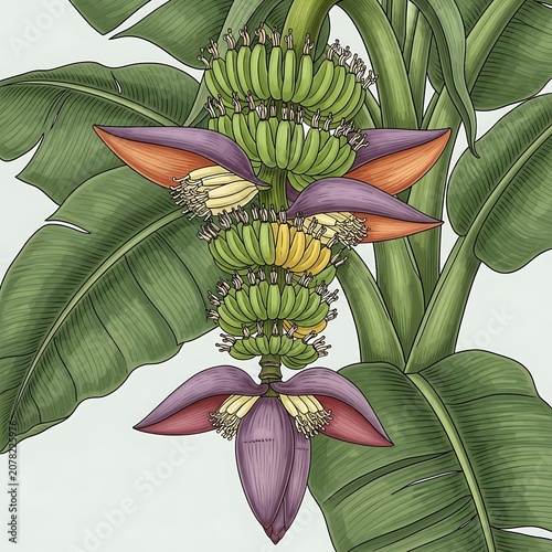 Banana Plant with Purple Flower and Green Fruit Cluster.