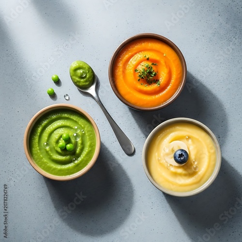 Colorful Smoothie Bowls with Fresh Fruits and Green Matcha.