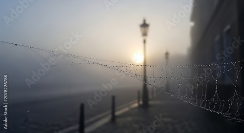 Misty Morning Cityscape with Foggy Streets and Vintage Lamp Post.