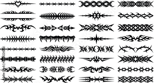 Tribal Tattoo Divider Line Set with Dark Gothic Ornamental Borders and Decorative Separators for Tattoo and Design Projects