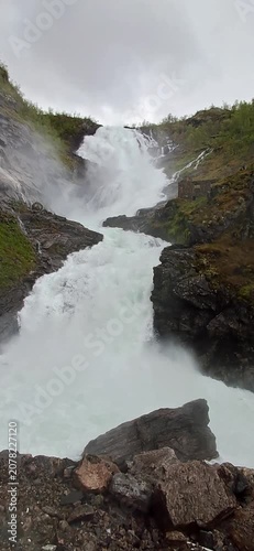 Kjosfossen is an impressive waterfall in Norway visible on the train journey between Flam and Myrdal