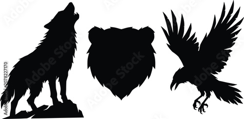 Wild Animal Silhouette Set with Howling Wolf, Bear Head, and Flying Eagle for Nature, Logo, and Tattoo Designs