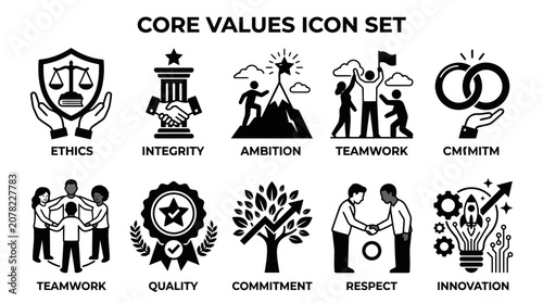 Cuadro en lienzo A set of black and white icons representing core business values including ethics integrity ambition teamwork and commitment in a modern office environment from a graphic design viewpoint