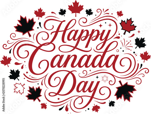 Happy Canada Day Lettering with Elegant Maple Leaf, Modern Red Accents, Minimal White Background, Patriotic Typography Design for Canadian National Celebration, Holiday Greeting, Banner and Poster