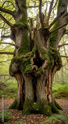 Ancient Moss-Covered Tree in Forest Landscape.