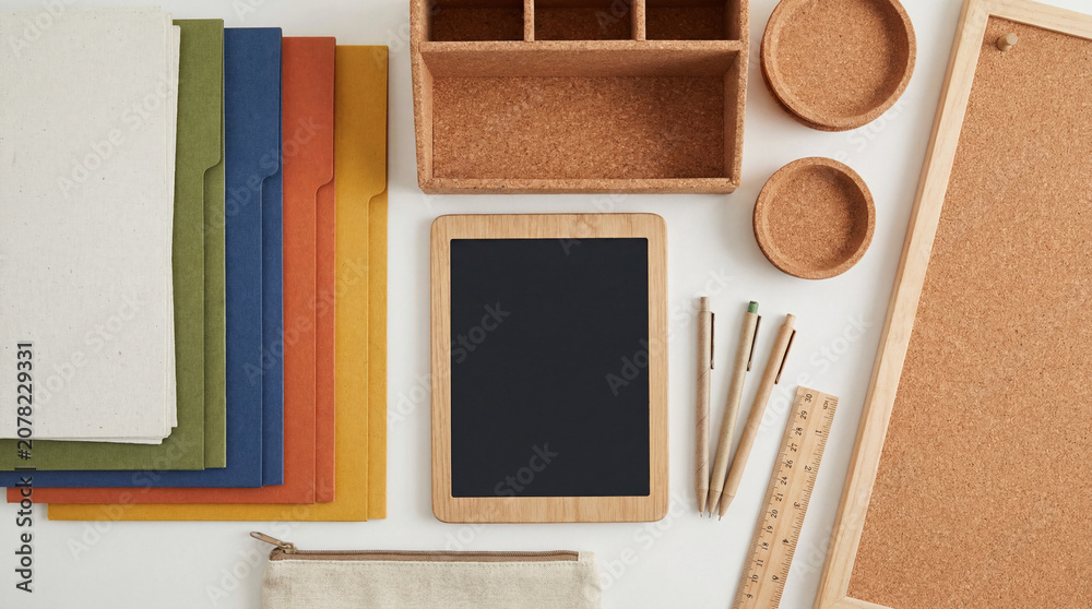 Fototapeta premium Eco Friendly Recycled Material Office Accessories Shown With Blank Paper Vivid Folders And Cork Elements