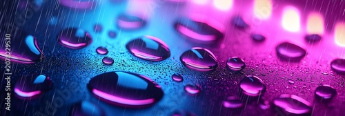 Macro water droplets with neon pink and blue reflections during heavy rain