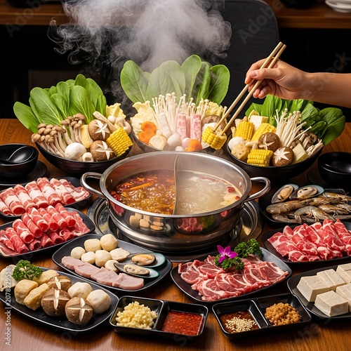Delicious Hot Pot Meal with Fresh Ingredients and Vegetables.