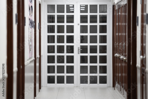 A grid door made of glass and metal. In a narrow hallway surrounded by wooden doors, there stands an elegant and solid door.