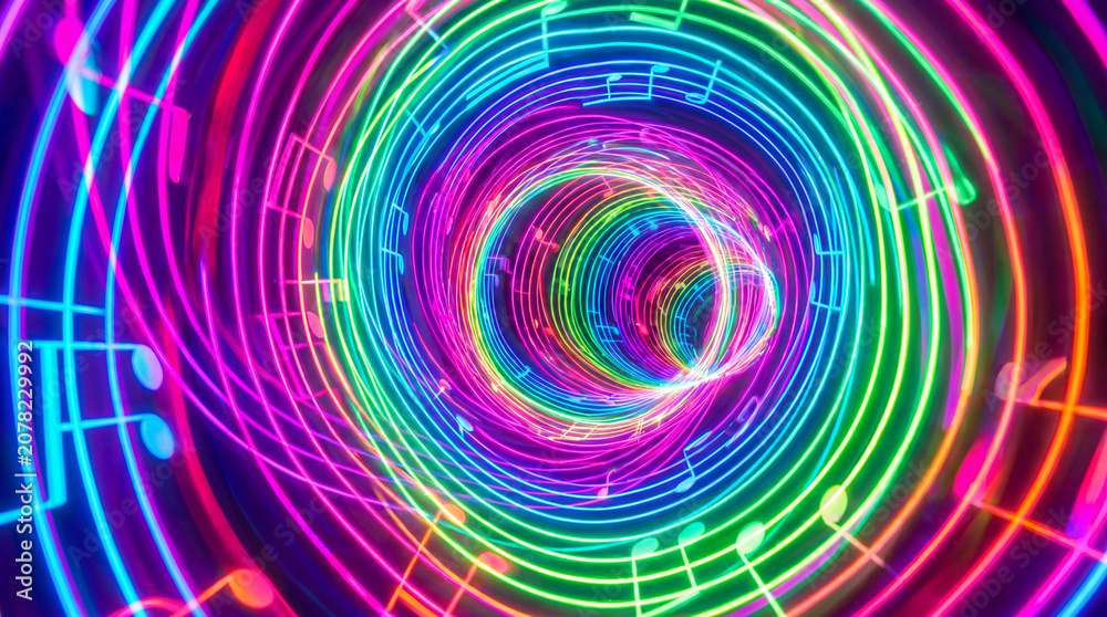 Fototapeta premium Creative Abstract Music Staff Lines Warping Into A Beautiful Tunnel Of Intense Neon Color Art