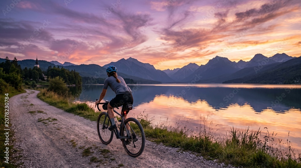 Fototapeta premium Female cyclist with road bike at lake side at sunset in summer. Slovenia. Rear view of woman riding bicycle in helmet on gravel path near water, active sport lifestyle, colorful twilight sky landscape
