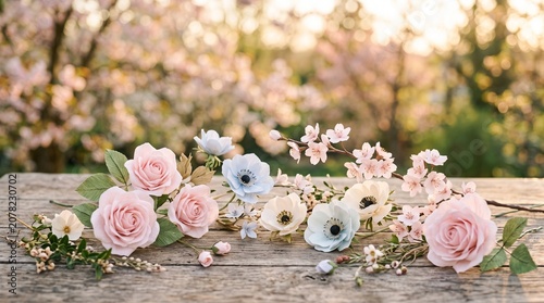 Soft pink and blue floral spring background with delicate paper flowers and gentle sunlight, elegant springtime scene