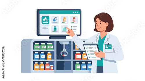 Pharmacist using digital interface with robotic dispenser and medication inventory
