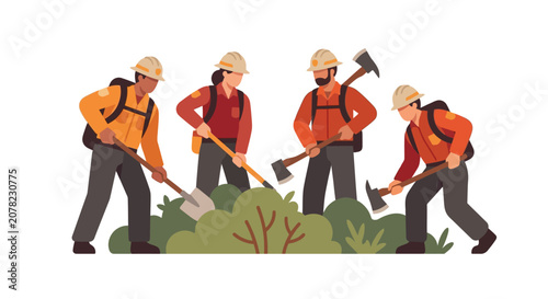 Wildfire Fighters Team Working Together Clearing Vegetation and Bushes