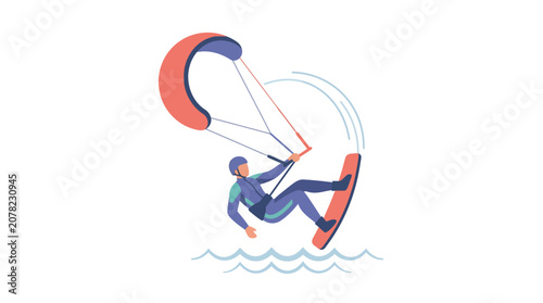 Foto Kiteboarder Performing Trick on Water, Extreme Sports Vector Art