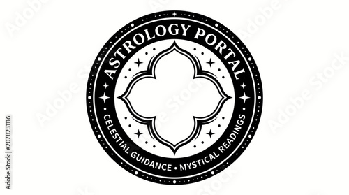 Foto Astrology Portal Logo with Celestial Guidance Text and Quatrefoil Symbol, isolated white background