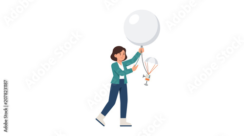 Konstfotografi Woman holding weather balloon with meteorological instrument attached