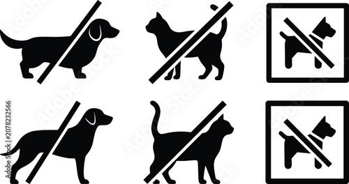 No Dogs and No Cats Prohibition Icon Set with Crossed Dog and Cat Silhouettes in Circle and Square Frames for Pet Restriction and No Pets Allowed Signs